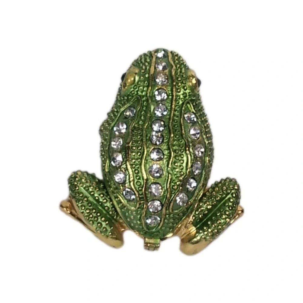 Hinged Keren Kopal Style Gold Tone Frog Trinket Box Rhinestones Green Eyes Vintg